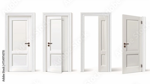Wooden door with handle and frame in open  closed  and ajar positions  modern realistic set isolated on white background. 3d wood door with handle and frame in open  closed  and ajar positions.