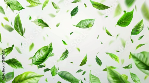 Green leaves falling in the air, isolated on transparent background. Floral organic elements for product packaging design, advertising, promos, 3D modern illustration set.
