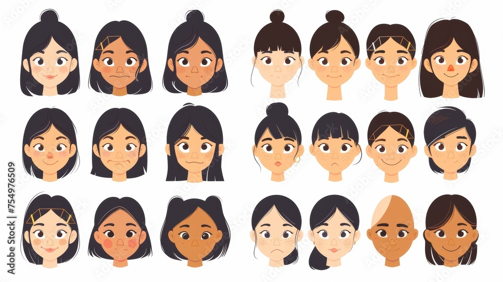 Face constructor set of Asian girls isolated on white background. Modern illustration of women's hairstyles, eyes, lips, brows and noses. Male avatar design elements for games. Face constructor set of Asian girls isolated on white background. Modern illustration of women's hairstyles, eyes, lips, brows and noses. Male avatar design elements for games.