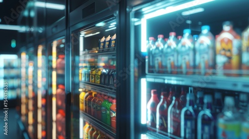 Refrigerated grocery shelves with colorful beverages in modern store. Brightly lit interior showcasing variety of chilled drinks. Shopping for refreshing beverages in a contemporary market setup.