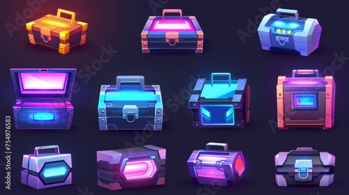Futuristic boxes for video games, futuristic technology chests, loot boxes with electronic locks and neon lights. Modern cartoon illustration isolated on white background. photo