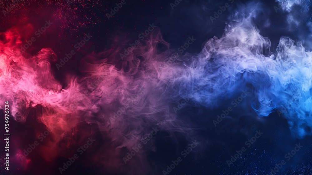 Symbolic smoke, dust and fog clouds on transparent background. Abstract banner template with red and blue steam particles.