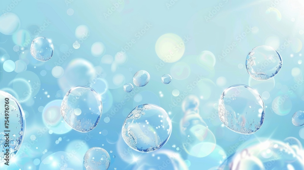 Air bubbles in transparent liquid substance. Realistic illustration of water or gel texture, oil drops, beauty care collagen serum, hyaluron skin essence smear. Aqua purity. Abstract background.