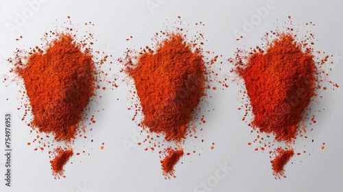 A realistic set of paprika powder sprinkled on a transparent background. Modern illustration showing a red chili pepper on top. A hot seasoning, sweet spicy food condiment. An ingredient found in photo