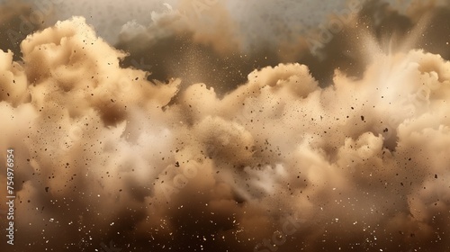 Detailed modern illustration of sand storm in desert, smog mist with flying dirt particles, ash in atmosphere. Hurricane wind.