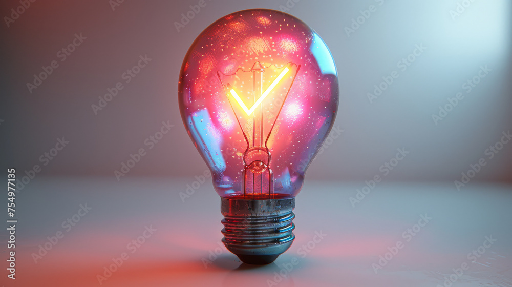 A light bulb is lit up and has a red glow. The light bulb is surrounded by a blurry background. The light bulb is the main focus of the image and it gives off a warm, inviting feeling - obrazy, fototapety, plakaty 