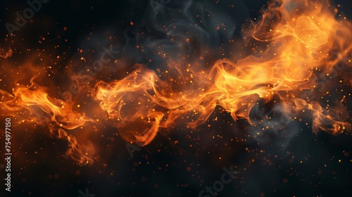 Detailed fire spark overlay on a smoke and flame background. Heat glow in a cloud isolated on transparent background. Abstract illustration of a hell bonfire or hot cinders on a fire spark overlay.