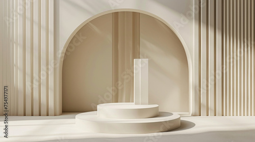 A white room with a curved wall and a white pedestal in the center. The pedestal is empty and the room is lit by sunlight