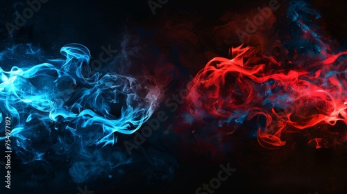 Black modern background with blue versus red smoke effect. Abstract neon flame cloud with dust against a cold versus hot concept. Transparent wallpaper design of a sports boxing battle competition. photo