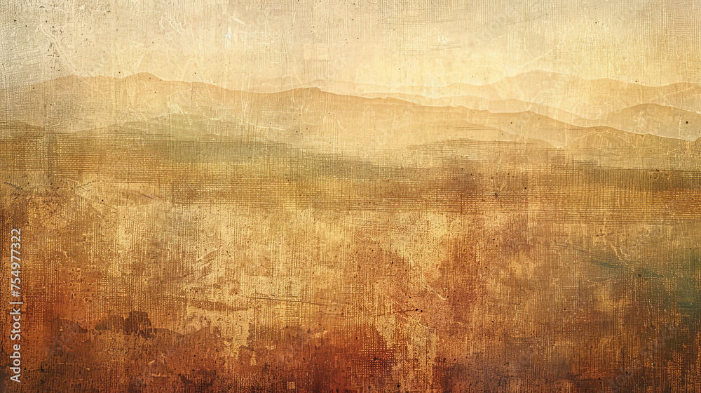 A painting of a mountain range with a brownish color. The painting has a rustic and aged look to it - obrazy, fototapety, plakaty 