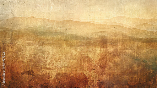 A painting of a mountain range with a brownish color. The painting has a rustic and aged look to it