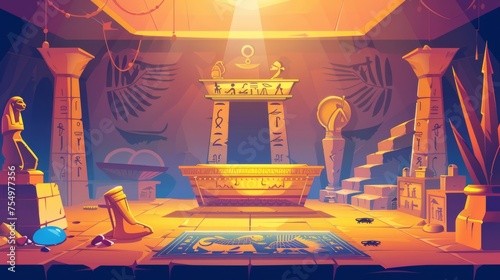 Cartoon illustration of ancient Egypt pharaohs' tomb with golden sarcophagus, hieroglyphs, scarab beetles, ritual vases, treasures, and other religious symbols. photo