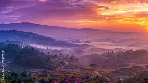 A beautiful sunset over a mountain range with a foggy mist in the valley. The sky is a mix of purple and orange hues photo