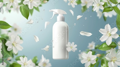 An attractive white modern poster of a cosmetic company with liquid soap packaging and falling jasmine flowers. A white bottle with pump is containing body lotion, washing gel, or cleaner. This is a