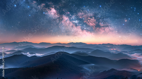 The sky is filled with stars and the mountains are covered in mist