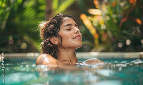 Woman basks in the warm sun near an outdoor spa pool  her face glowing with satisfaction