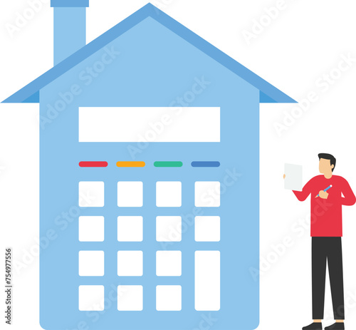 Home mortgage calculation, housing budget, businessman or broker holding pen and book with house calculator. insurance or costs and expenses, real estate investment or home refinancing money concept.