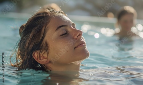 Woman basks in the warm sun near an outdoor spa pool, her face glowing with satisfaction