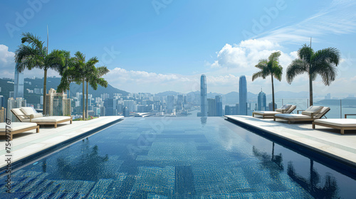 A large pool with a city skyline in the background. The pool is surrounded by lounge chairs and palm trees