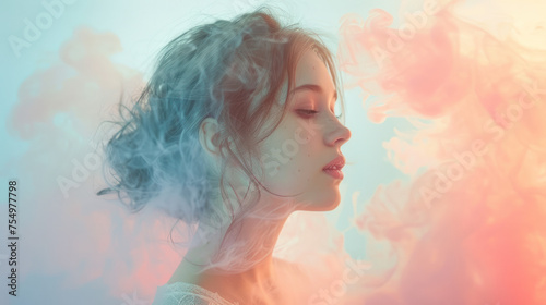 Ethereal Woman Surrounded by Dreamy Pastel Smoke - A portrait of a woman enveloped in swirls of pastel smoke, creating an ethereal and surreal atmosphere.