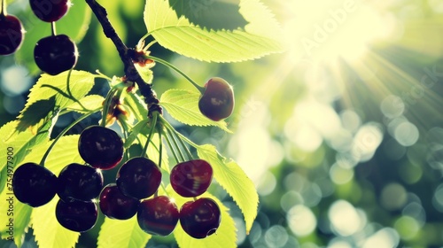 a close up of a bunch of cherries on a tree with the sun shining through the trees in the background. photo