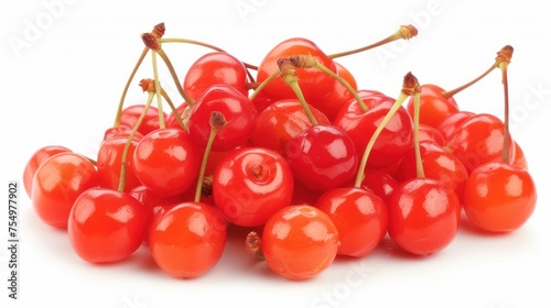 a pile of cherries sitting next to each other on top of a white surface with one cherries on the top of the cherries. photo