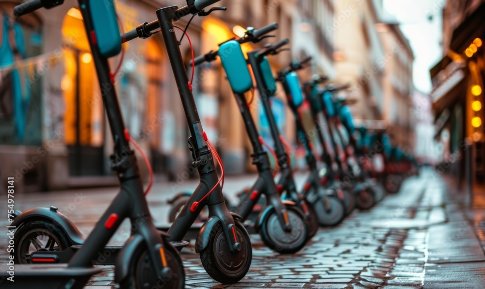 Obraz premium Row of electric scooters parked neatly along the sidewalk in a bustling European city