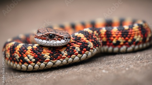  a close up of a snake on the ground with its mouth open and it's head on top of the snake. photo