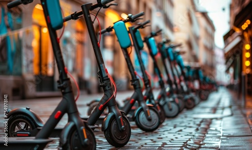Row of electric scooters parked neatly along the sidewalk in a bustling European city