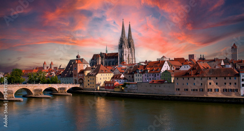 German Old Town Regensburg with sunset at the river danube