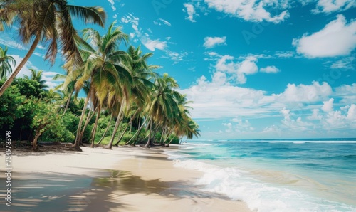 Tropical beach scene featuring a cluster of coconut palm trees lining the shore