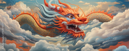 Fiery orange dragon amidst mystical clouds