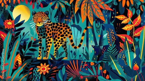Jungle scene with a prowling jaguar illustration - Vibrant artwork featuring a jaguar amidst lush foliage under a starry sky and moonlight