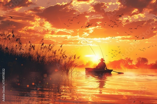 Kayaker amidst a fiery sunset on a tranquil lake - An individual kayaking on calm waters, surrounded by a dramatic, fiery sunset and flock of birds