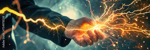 Handshake with fiery electric sparks - Two businessmen engage in a powerful handshake that explodes with electric energy, illustrating a strong partnership or agreement photo