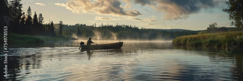 Man canoeing in calm river during sunset - Peaceful image of a single man canoeing down a calm river as the sunset creates a serene atmosphere © Mickey