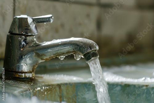 Leaking tap with water overflow in sink - A shiny tap with water overflowing, signifying excess and carelessness with water resources