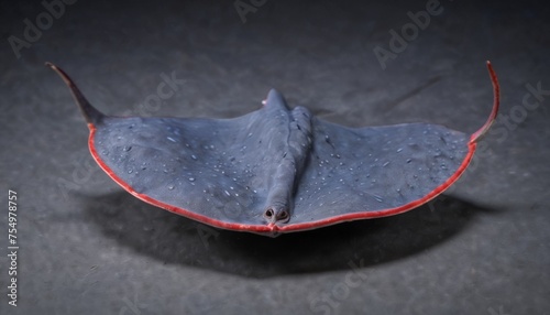  a close up of a blue and red object with water droplets on it's surface and a black background. photo