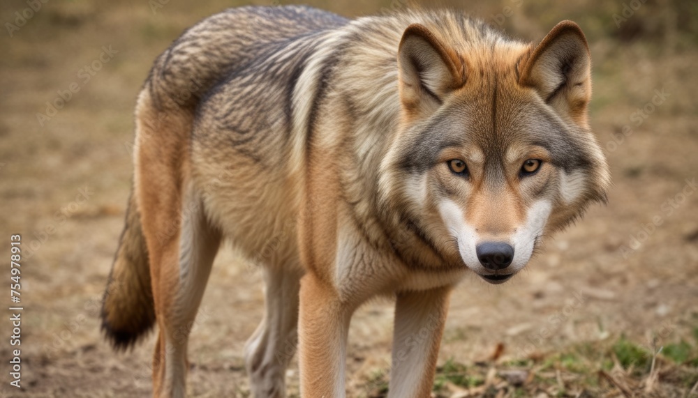 a close up of a wolf on a field with a grass and dirt field in the foreground and trees in the background. a close up of a wolf on a field with a grass and dirt field in the foreground and trees in the background.