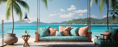 A hanging swinging sofa with colorful pillows on a patio with tropical sea and hills in the background. Generative AI © trawellkat