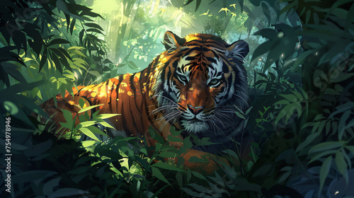 Majestic tiger resting among the dense under growth