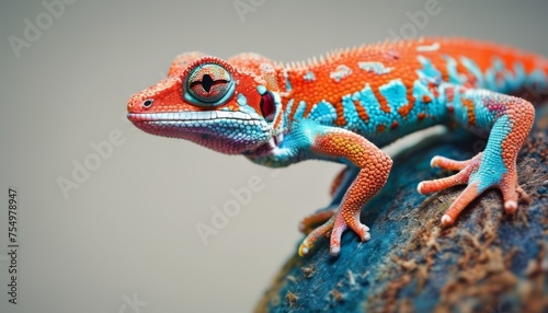  an orange and blue lizard sitting on top of a blue and green rock next to a white wall and a gray background.