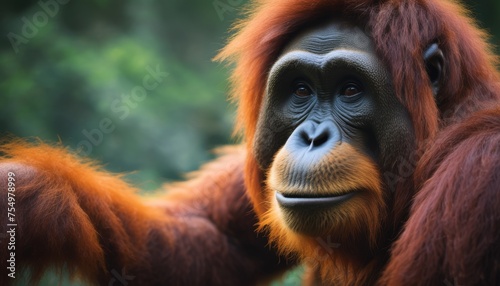  a close up of an orangutan's face, with trees in the backgrouund.