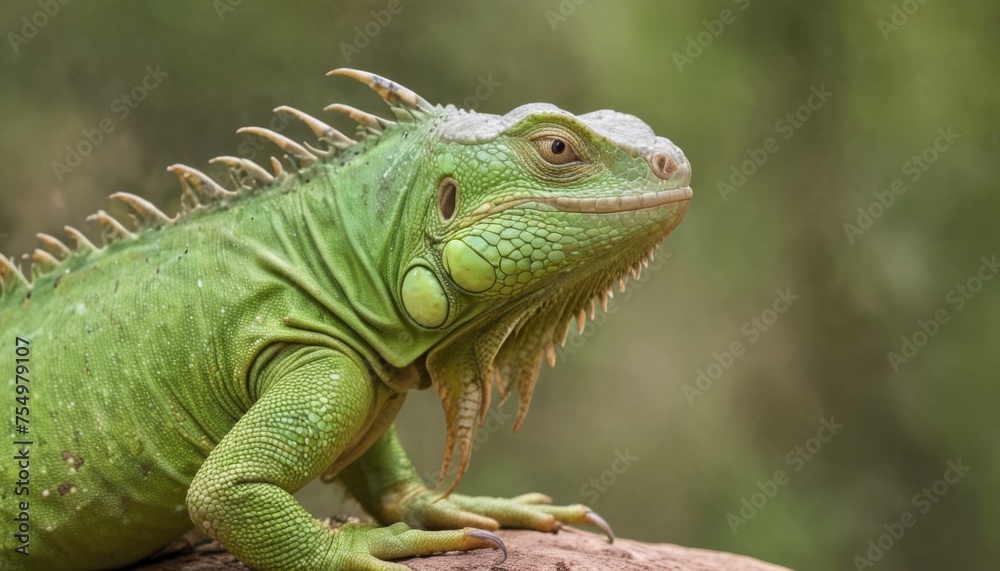 a green iguana sitting on top of a rock in front of a blurry background of greenery. a green iguana sitting on top of a rock in front of a blurry background of greenery.