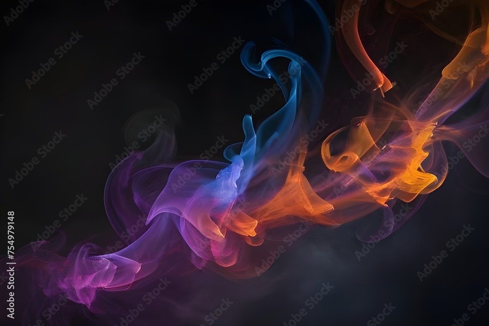 Blue, purple, orange and yellow smoky and fiery flames like texture in dark background.