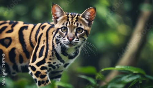  a close up of a cat on a field of grass with trees in the background and a blurry background.