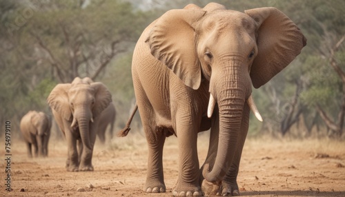  a herd of elephants walking down a dirt road next to a group of trees on a sunny day in the wild.