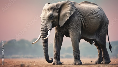  a large gray elephant standing on top of a dry grass field with trees in the back ground and a pink sky in the background.