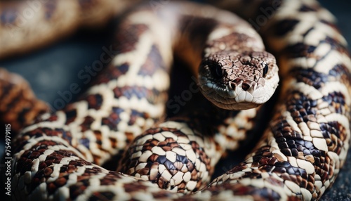  a close - up of a snake's head on a black surface with a blurry image of the snake's head.