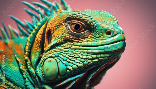  a close up of an iguana's head and neck, with a blue and green color scheme.